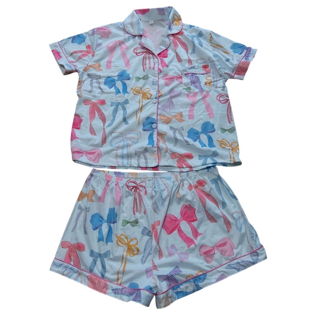 $NWT PJ set, colorful bows design, button down shirt with shorts. Soft XXL - Picture 2 of 8